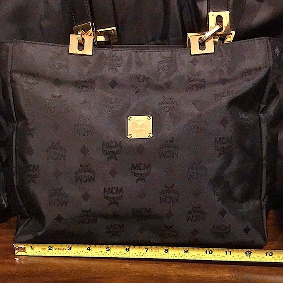 M MCM Black & Gold Monogram Shoulder Bag with Top Zipper Closure German - Picture 9 of 17